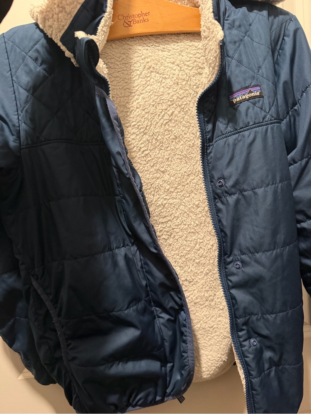 Patagonia Kids Navy Quilted Puffer with Cream Sherpa